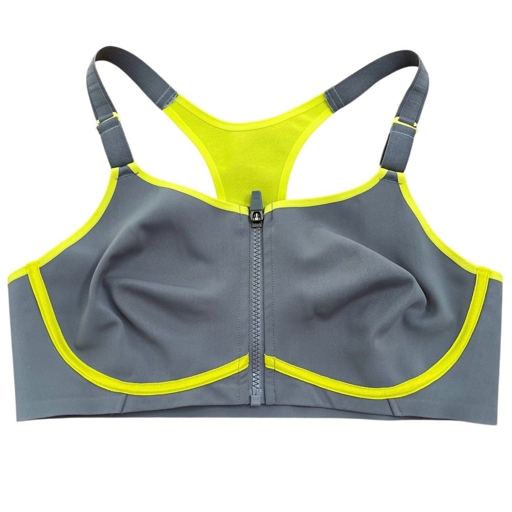 Half Moon Active Gray Neon Yellow Zip Front Sports Bra 38C Strong Racerback